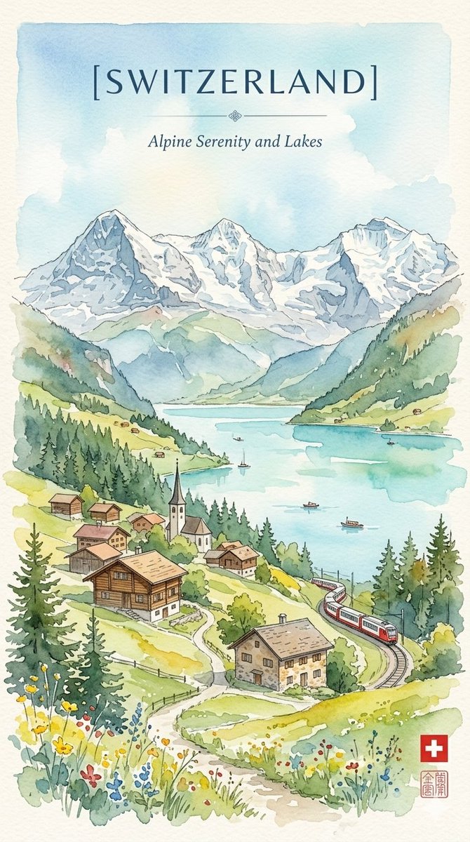 水彩旅行海报，将罕萨山谷的粗犷遗产与瑞士宁静的阿尔卑斯魅力和谐相融。插画以宏伟的雪山山脉作为背景，俯瞰一片景观：古老的石头堡垒与层层农业梯田延伸到一汪宁静的绿松石色湖泊，点点小舟散布其间，一辆...