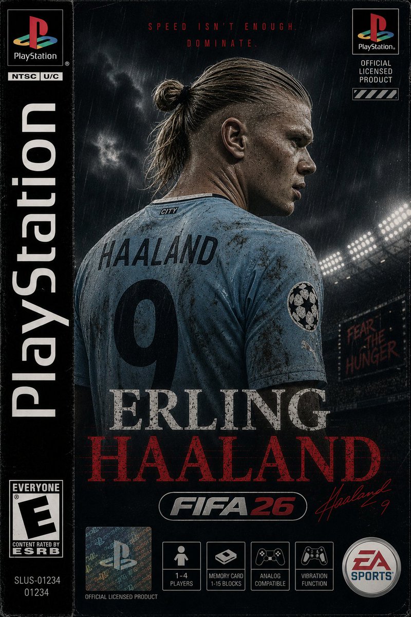 创作一张以厄林·哈兰德（Erling Haaland）为主角的竖版 PS1 游戏封面，灵感来自 FIFA26，设计融合 20 世纪 90 年代末正版 PlayStation 足球游戏的真实质感...