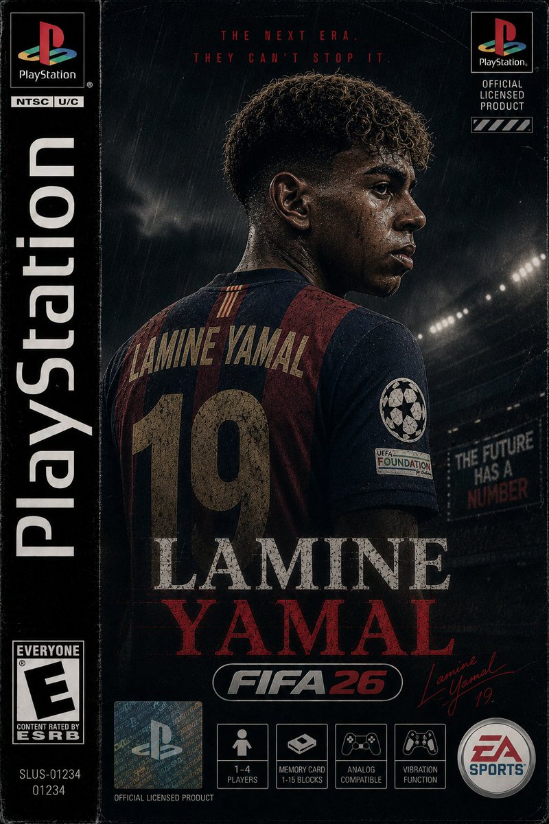 创作一张以厄林·哈兰德（Erling Haaland）为主角的竖版 PS1 游戏封面，灵感来自 FIFA26，设计融合 20 世纪 90 年代末正版 PlayStation 足球游戏的真实质感...