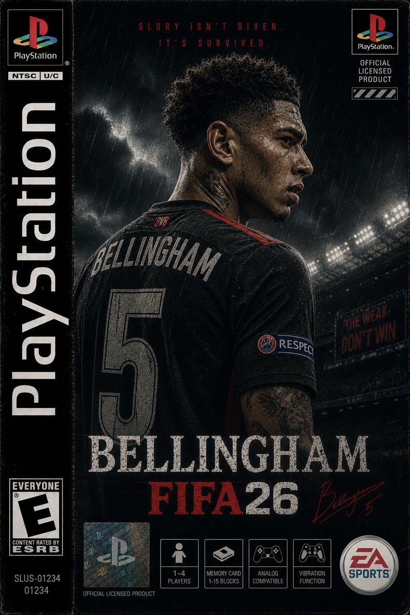 创作一张以厄林·哈兰德（Erling Haaland）为主角的竖版 PS1 游戏封面，灵感来自 FIFA26，设计融合 20 世纪 90 年代末正版 PlayStation 足球游戏的真实质感...