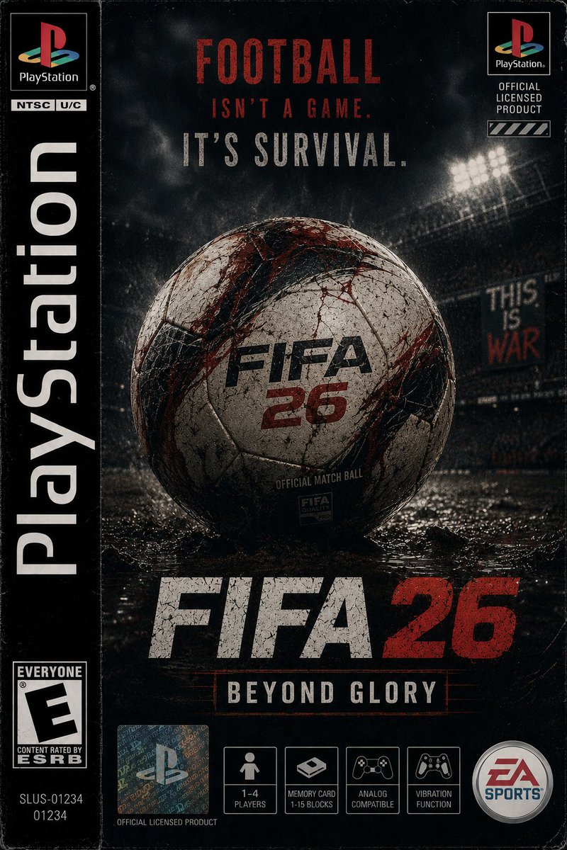 创作一张以厄林·哈兰德（Erling Haaland）为主角的竖版 PS1 游戏封面，灵感来自 FIFA26，设计融合 20 世纪 90 年代末正版 PlayStation 足球游戏的真实质感...