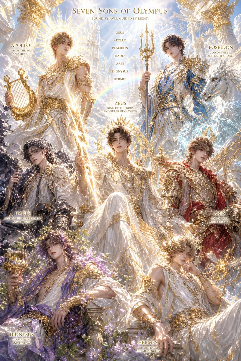 (แนว Midjourney / SDXL) Epic cinematic fantasy poster of the Seven Sons of Olympus, divine hands...
