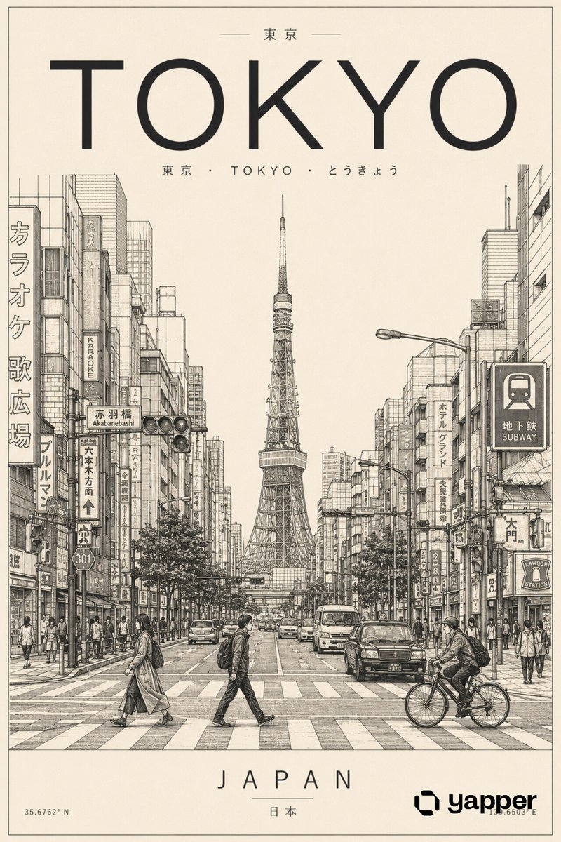 日本东京的竖版旅行海报线性插画，以极简建筑墨水风格绘制，线条超干净，采用深褐到黑色的单色调配色，搭配柔和的米白色纹理纸张背景。 构图严格对称：东京塔精准地居于画面正中央的远景位置，由一条城市街...