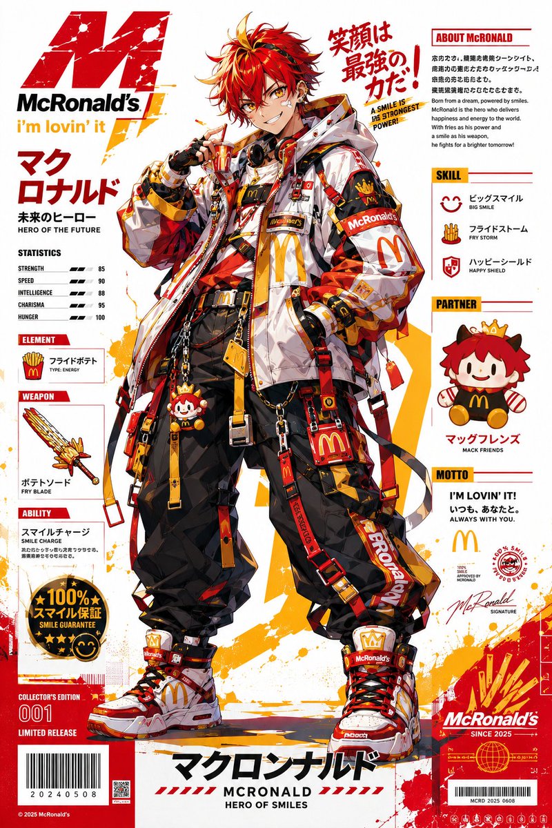 超精细动漫品牌吉祥物海报，受标志性快餐品牌启发的全身角色重塑，赛博街头服饰风格，超大号机能风夹克，多层搭扣，实用腰带，工装裤，品牌运动鞋，链饰，徽章，吉祥物主题配饰，动感自信的姿势，纯净白色海...