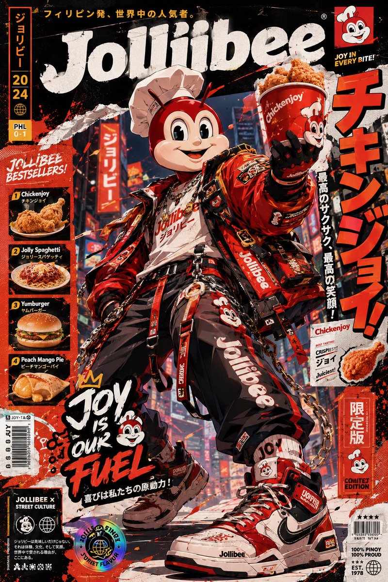 GPT Image 2 on ChatGPT 提示语; 高度风格化的动漫风格宣传海报,以全新演绎的快餐吉祥物角色为主角,采用大胆的全身动作姿势,以高级漫画级别的细节和现代街头时尚的能量进行绘制...