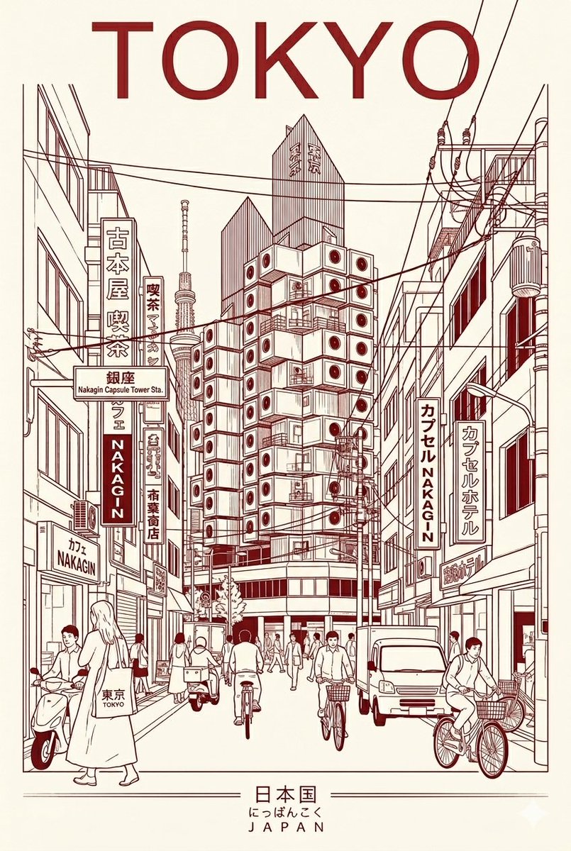 一种极简主义、双色调的旅行海报美学风格，以简洁的线条艺术和建筑融合为特色，灵感来源于这些图片的风格。设计重点呈现热闹的城市街景，其中行人、自行车骑行者穿梭其间，使用有限的色彩搭配——例如深酒红...