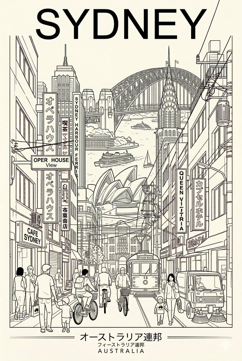 一种极简主义、双色调的旅行海报美学风格，以简洁的线条艺术和建筑融合为特色，灵感来源于这些图片的风格。设计重点呈现热闹的城市街景，其中行人、自行车骑行者穿梭其间，使用有限的色彩搭配——例如深酒红...
