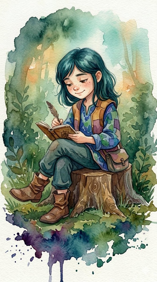 一组充满奇趣的水彩插画，描绘了身处郁郁葱葱林地中的年幼、脸上有雀斑、眼神灵动的孩子们。风格采用鲜艳、晕染的水彩铺色、柔和的墨线勾勒，营造出梦幻般的氛围。关键场景包括：一位身穿彩色连帽衫的男孩；...