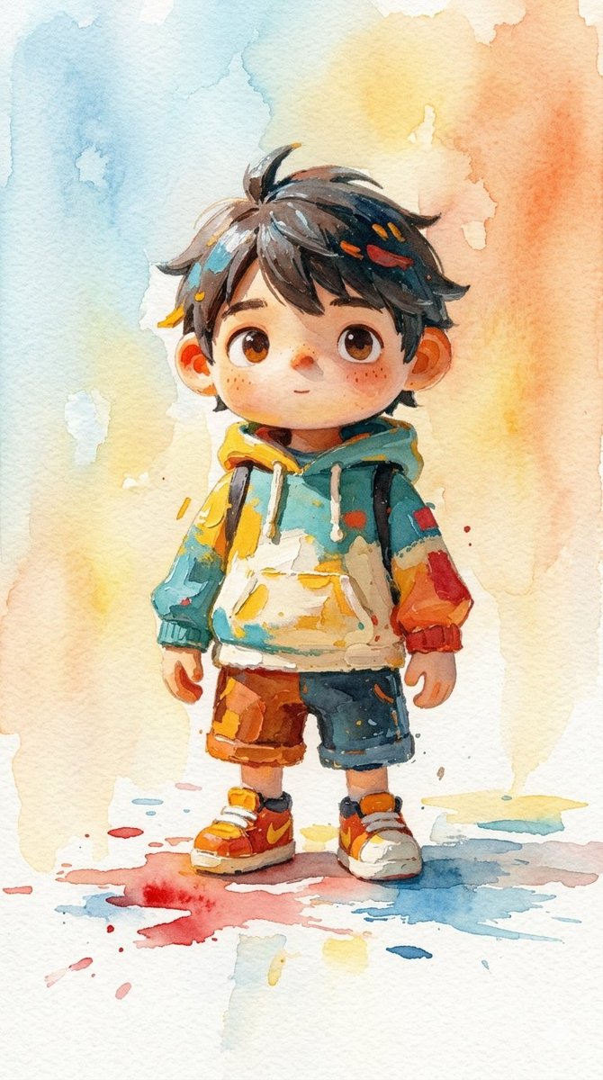 一组充满奇趣的水彩插画，描绘了身处郁郁葱葱林地中的年幼、脸上有雀斑、眼神灵动的孩子们。风格采用鲜艳、晕染的水彩铺色、柔和的墨线勾勒，营造出梦幻般的氛围。关键场景包括：一位身穿彩色连帽衫的男孩；...