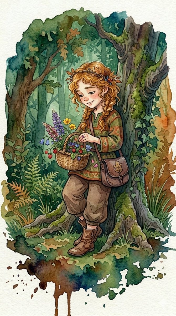 一组充满奇趣的水彩插画，描绘了身处郁郁葱葱林地中的年幼、脸上有雀斑、眼神灵动的孩子们。风格采用鲜艳、晕染的水彩铺色、柔和的墨线勾勒，营造出梦幻般的氛围。关键场景包括：一位身穿彩色连帽衫的男孩；...