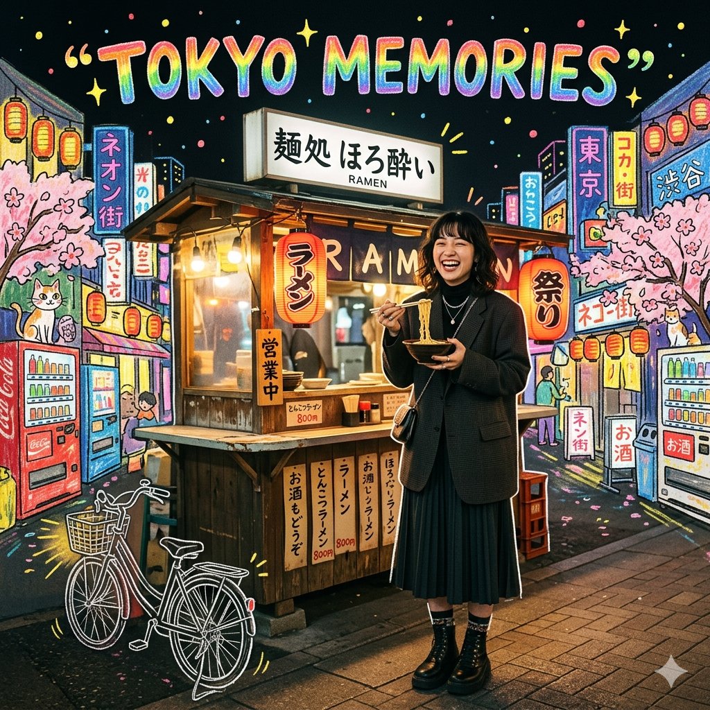 东京拉面之夜” 一位时尚的日本时尚女孩，穿着时髦的 oversized 西装外套和百褶裙，夜晚站在东京一个小型拉面摊前，手持筷子开怀大笑。背景是色彩缤纷、充满童趣的蜡笔画风格东京霓虹街景，有灯...