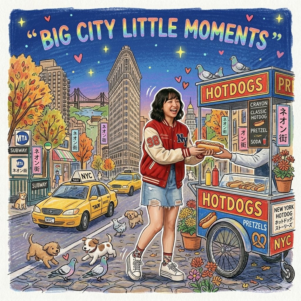 东京拉面之夜” 一位时尚的日本时尚女孩，穿着时髦的 oversized 西装外套和百褶裙，夜晚站在东京一个小型拉面摊前，手持筷子开怀大笑。背景是色彩缤纷、充满童趣的蜡笔画风格东京霓虹街景，有灯...
