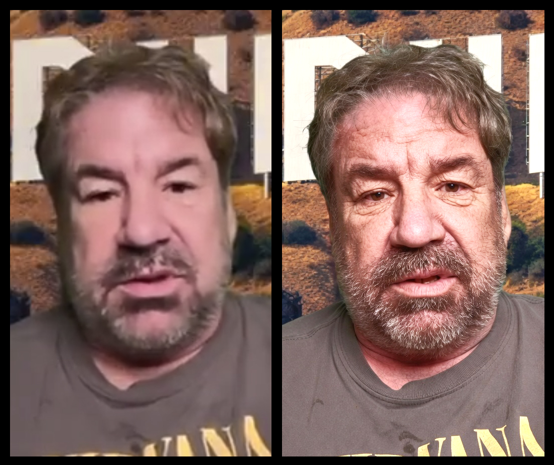 移除这张 Stuttering John 播客视频截图中柔化滤镜的效果，并根据他近期的无滤镜照片，渲染一张具有清晰细节的图像。https://t.co/tVVAiyL2Ad