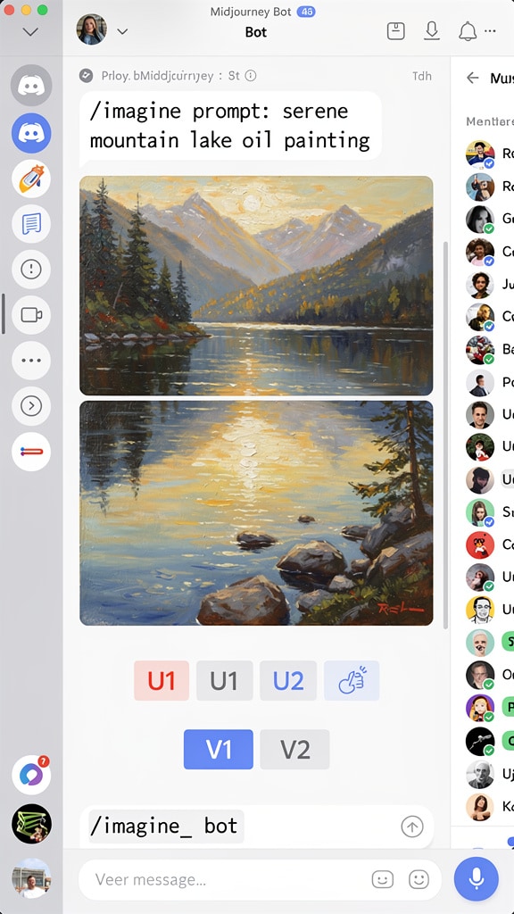 '宁静的山水湖泊，油画，黄金时刻'。它会生成四个变体。通过 U1-U4 按钮进行放大，通过 V1-V4 进行变化。使用 --ar 16:9 调整...