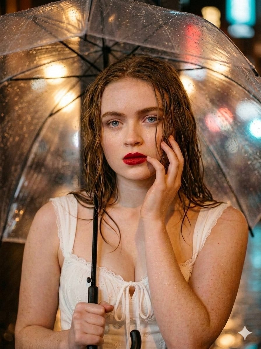 "一张超写实、照片级真实感的中景人物肖像，主体为 'Sadie Sink '，场景设定在雨后夜晚的都市街头。她拥有曲线优美、健康匀称的身材，造型上以略带凌乱、湿润质感的头发为主，发丝部分遮盖住...