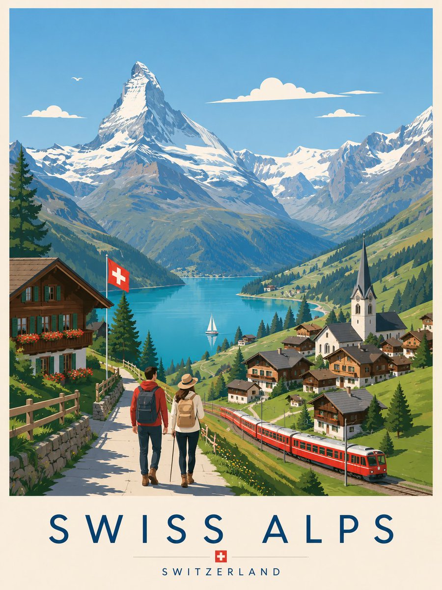 创作一幅关于希腊圣托里尼的高端编辑级旅行海报插画。风格:扁平矢量插画,极致简约,中世纪现代美学,受斯堪的纳维亚平面设计与复古地中海旅游版画启发的编辑级旅行海报风格,无照片写实,无纹理,无噪点,...