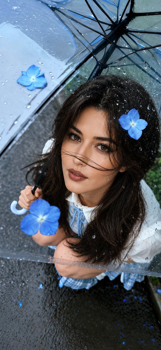 超写实电影感雨中人像摄影：一位美丽的年轻女子坐在潮湿的街道上，撑着一把透明雨伞，以柔和而充满情感的眼神直视镜头，略带凌乱的深棕色齐肩短发随风拂过面庞，妆容自然光泽，肌肤白皙细腻，双唇呈微妙的裸...