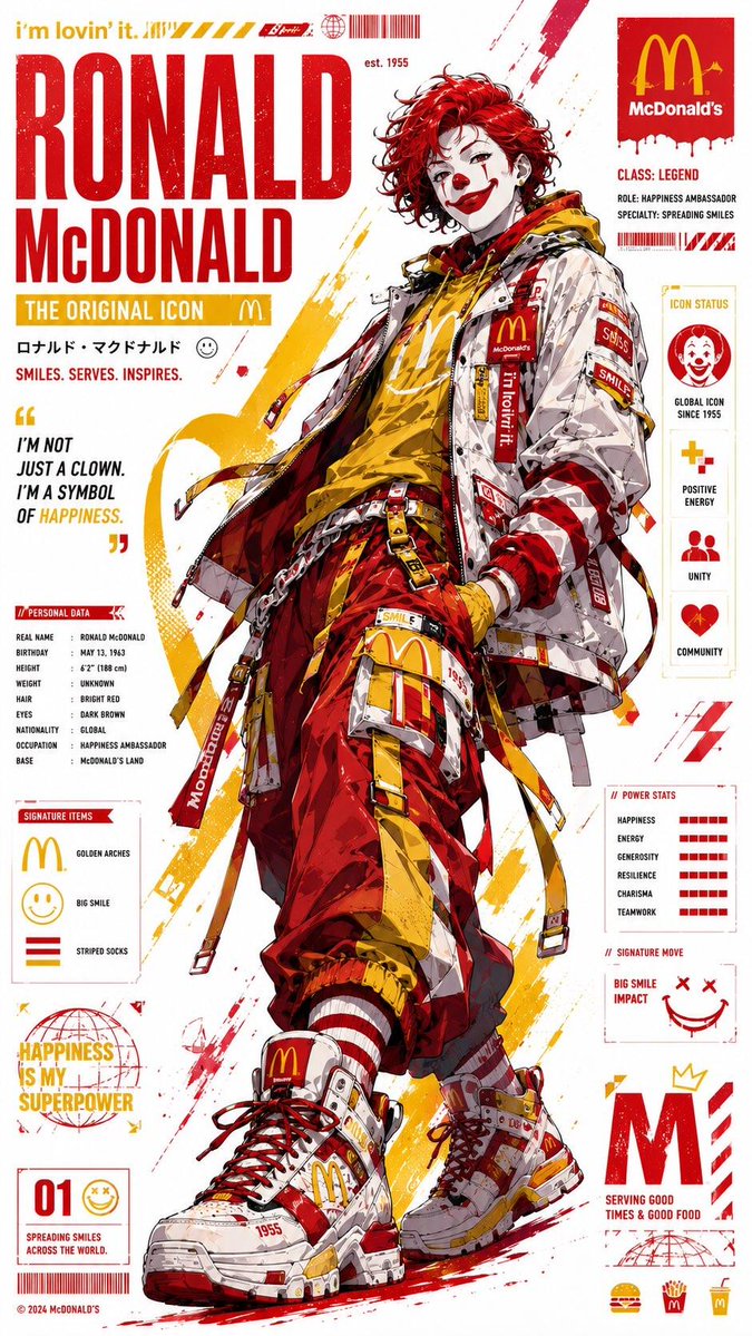 超精细动漫品牌吉祥物海报，灵感源自标志性快餐品牌的全身角色重塑，赛博街头服饰风格，超大机能风夹克，层叠肩带，多功能腰带，工装裤，联名运动鞋，链条，徽章，吉祥物主题配饰，动感自信的姿态，纯净白色...