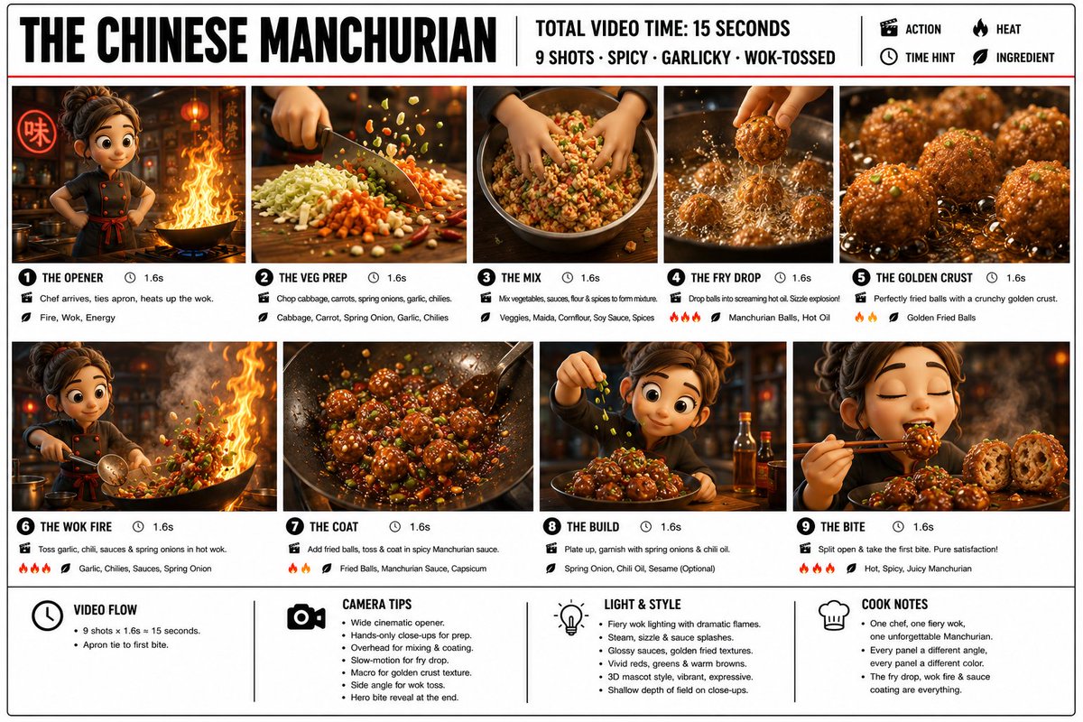 超详细信息图故事板海报——《THE CHINESE MANCHURIAN（中式满洲里球）》，电影级 16:9 构图，纯净白色背景，纤细黑色边框，加粗黑色字体，高端美食商业设计风格，灵感来自现代...