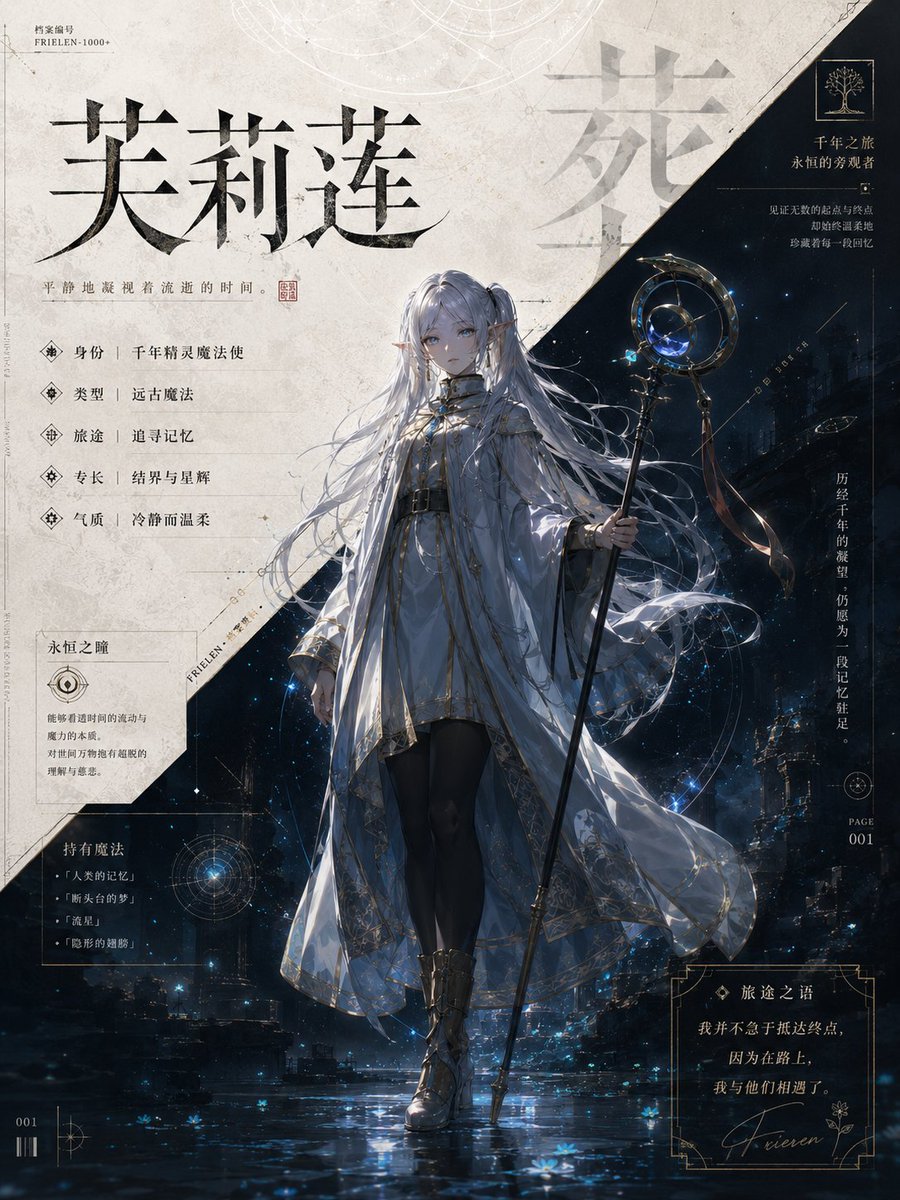 创建一张完整呈现的「角色世界观档案卡」。 [基础设定] 登场角色：[角色名称] 来源作品：[作品名称] 角色定位：[主角 / 反派 / 导师 / 战士 / 法师 / 忍者 / 调查兵团团长 /...