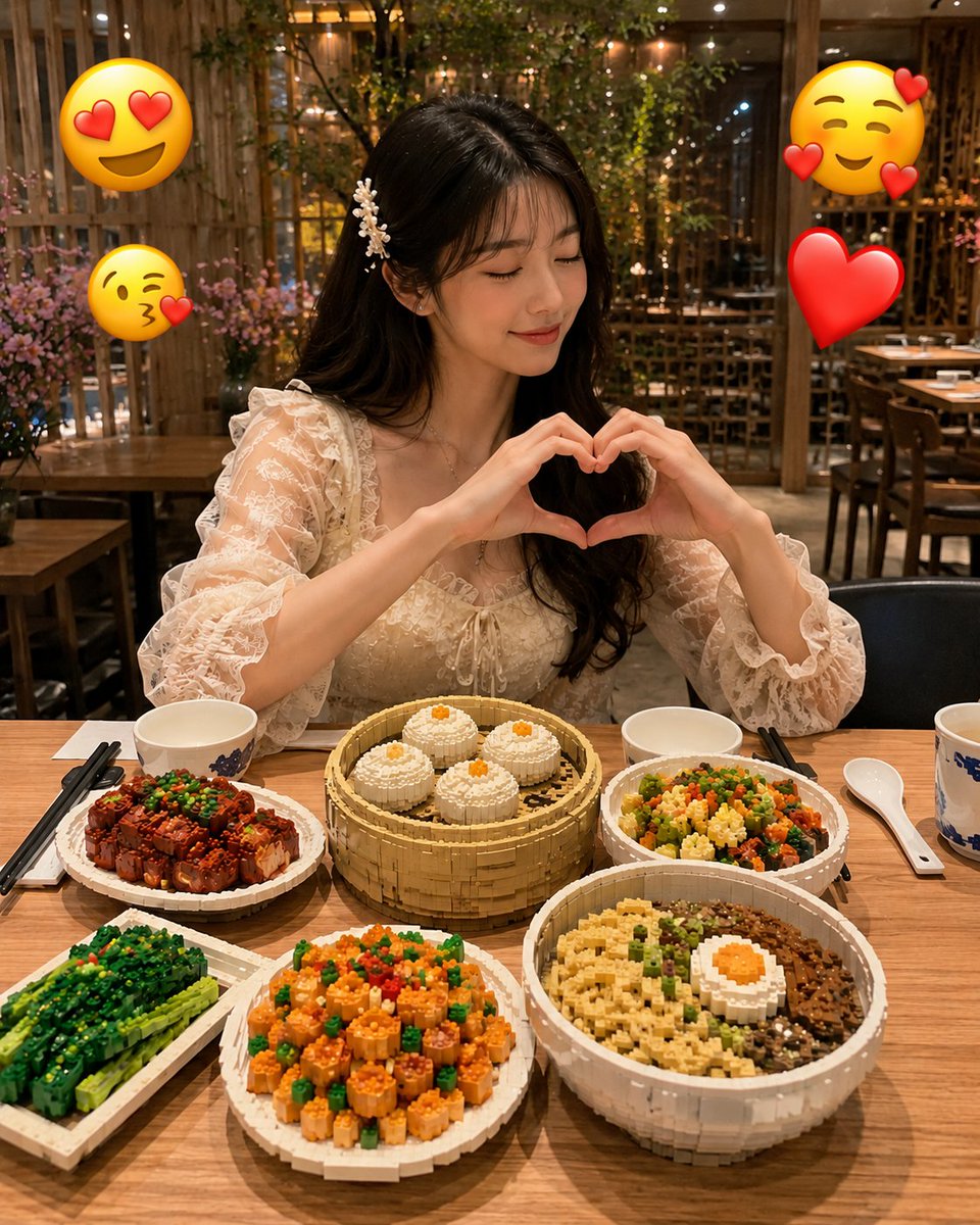 只将图片中的食物转变为迷你乐高风格的微缩雕塑，同时保持其他所有内容完全不变且真实。精确保留原始构图、光线、相机角度、透视、背景、手部、桌子、人物、餐具以及环境。 只将图片中的食物转变为迷你乐高...