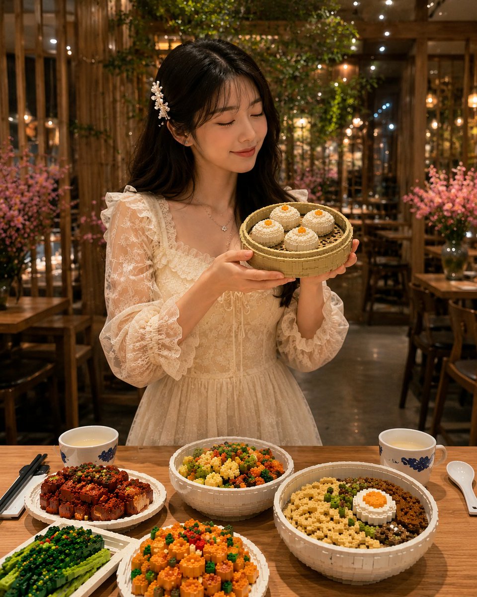只将图片中的食物转变为迷你乐高风格的微缩雕塑，同时保持其他所有内容完全不变且真实。精确保留原始构图、光线、相机角度、透视、背景、手部、桌子、人物、餐具以及环境。 只将图片中的食物转变为迷你乐高...