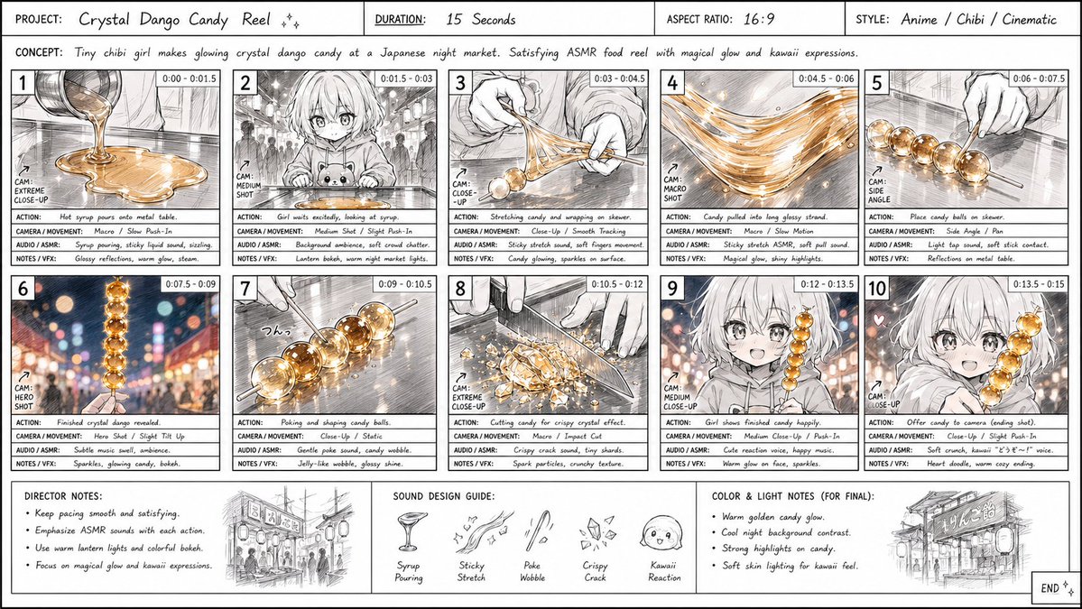 本视频的故事板表格，使用 GPT image 2 创建 专业的动漫故事板表格，适用于 15 秒电影感美食短片，分镜画面展示一位有着银色短发和发光紫色眼睛的小小 Q 版动漫女孩，穿着超大号紫色小...