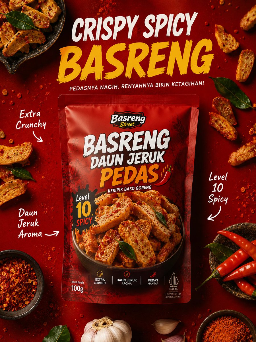 超写实高端食品广告海报，针对一款辛辣印尼basreng（炸肉丸）零食品牌，居中放置哑光袋装包装，标签为“Basreng Daun Jeruk Pedas”（香柠叶辣味basreng），火红与橙...