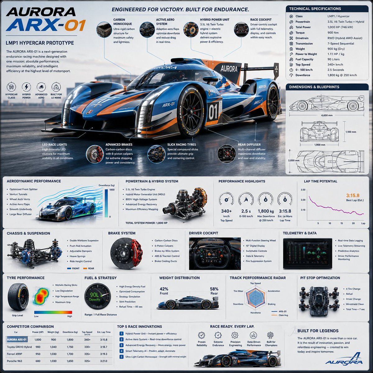 信息图：使用 ChatGPT 上的 GPT Image 2 生成的未来赛车 提示词； 以一辆名为 {RACING_CAR_NAME} 的精英未来赛车为核心，创建一个高级的方形“参考式赛车工程信...