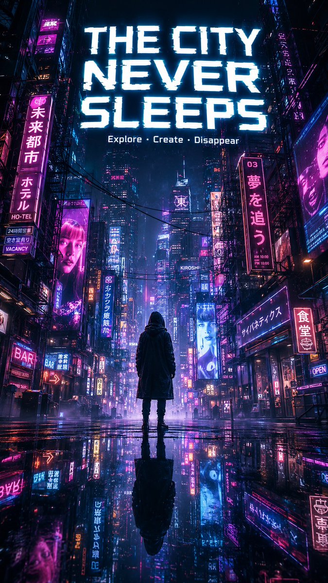 一张令人叹为观止的赛博朋克城市竖版海报，浸透着霓虹氛围，戏剧性的低角度街道视角，透过狭窄的、被雨水浸透的未来主义小巷向上仰望，两侧高耸入云的巨型摩天大楼完全被成千上万块发光的霓虹招牌覆盖，电粉...