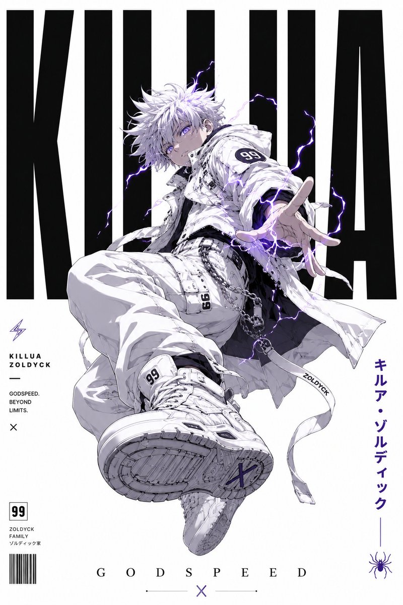 一张极简、高端的平面设计海报，描绘处于觉醒神速（Godspeed）强大状态下的奇犽·揍敌客（Killua Zoldyck）。背景为清晰、纯正的纯白色，具有强烈的负空间感和奢华的编辑级构图。 角...
