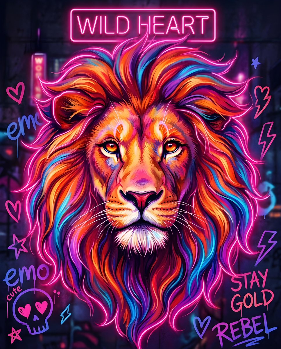 一幅高度精细的雄狮肖像插画，鬃毛向外飘扬，融合了丰富的鲜艳色彩，如炽热的橙色、深邃的红色、电光蓝和明亮的紫色，一双锐利而富有表现力的眼睛直视观者。