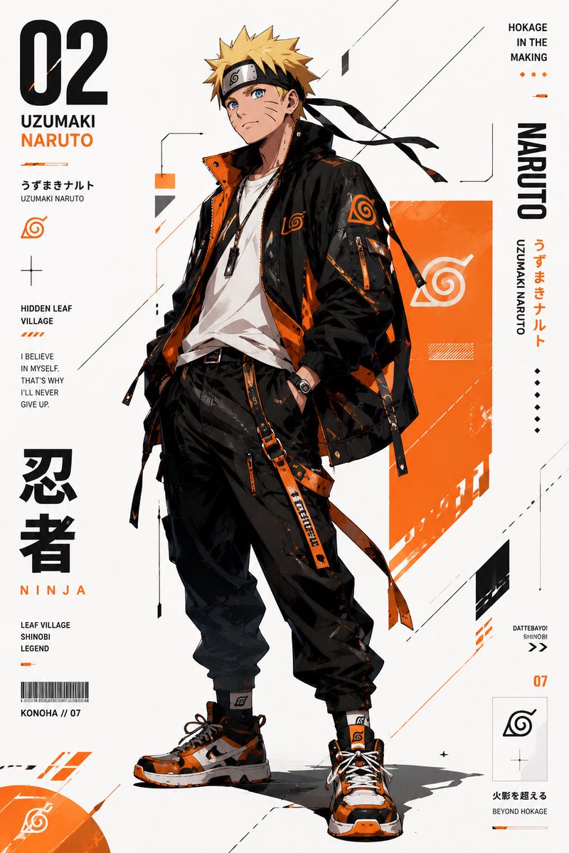 . 创建一个高级动漫机能风（anime-techwear）编辑风格海报系列，以来自 {franchise} 的 {character_name} 为主题，将其重新设计为未来主义街头服饰 ico...