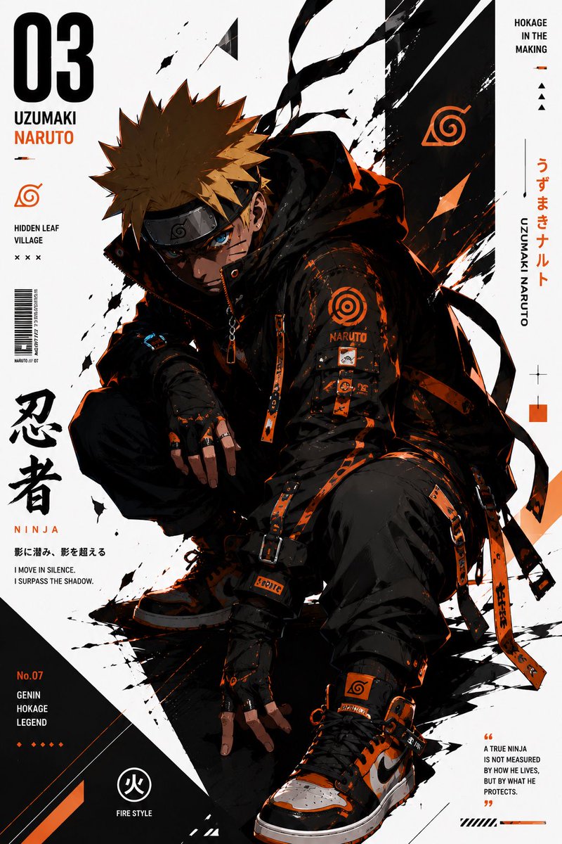 . 创建一个高级动漫机能风（anime-techwear）编辑风格海报系列，以来自 {franchise} 的 {character_name} 为主题，将其重新设计为未来主义街头服饰 ico...