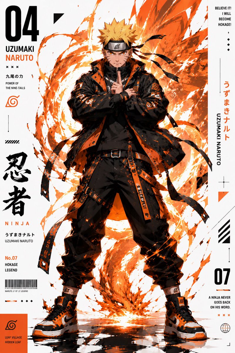 . 创建一个高级动漫机能风（anime-techwear）编辑风格海报系列，以来自 {franchise} 的 {character_name} 为主题，将其重新设计为未来主义街头服饰 ico...