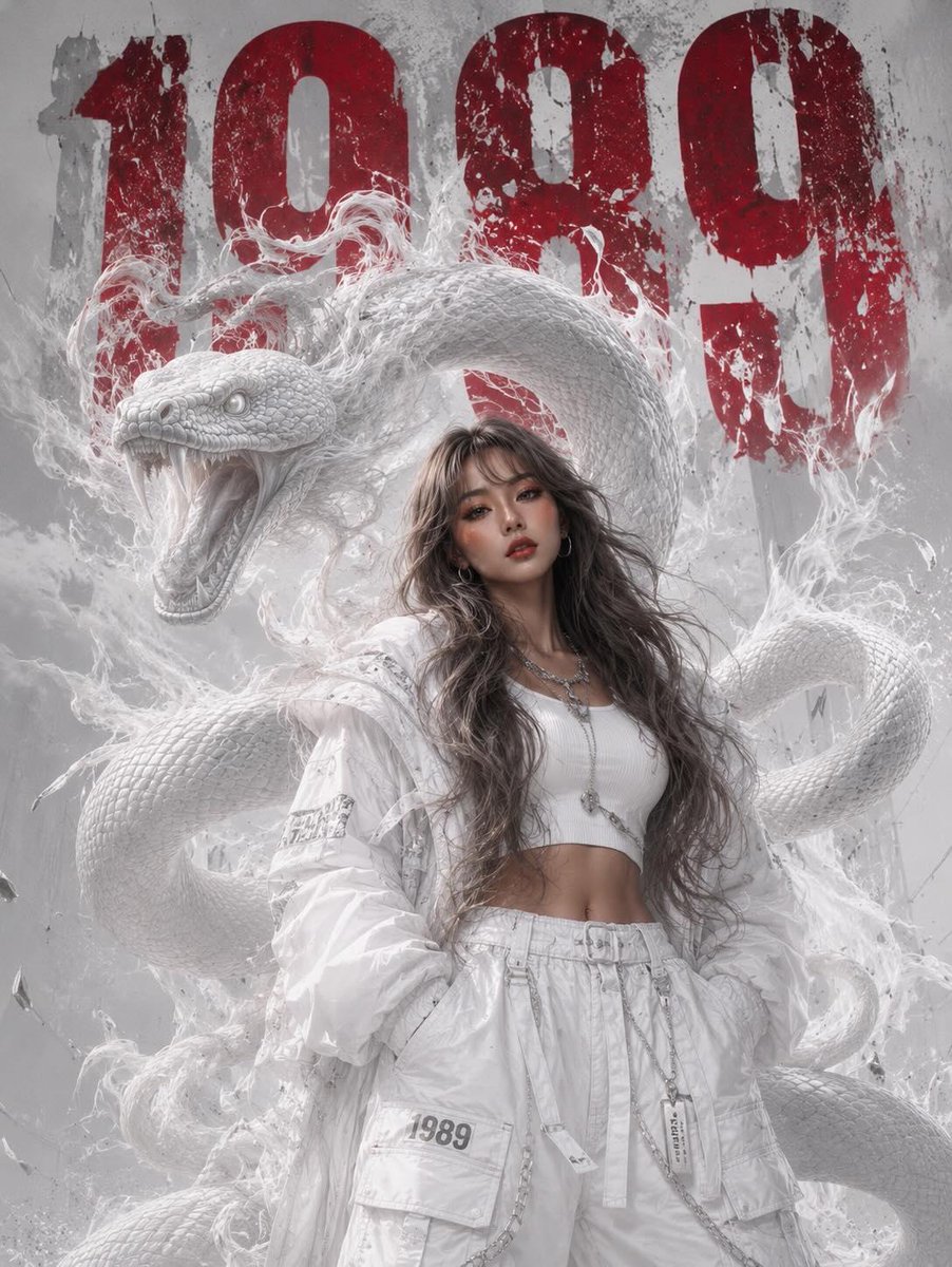 超现实高级时装编辑人像肖像，一位美丽的年轻亚裔女性自信地站立在单色白色城市环境中，身穿现代奢华白色街头时装。超大号白色飞行员夹克，修身白色短款上衣，叠穿白色工装裤搭配金属链条，白色战术运动鞋，...