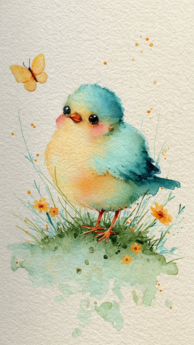 一幅迷人、异想天开的水彩插画，画中是一只圆滚滚、毛茸茸的雏鸟，长着大大的、富有表现力的眼睛和红润的脸颊。作品以柔和的晕染色彩和细腻的飞溅点缀为特色，背景是带有纹理的纸张，营造出温馨柔和的美感。...