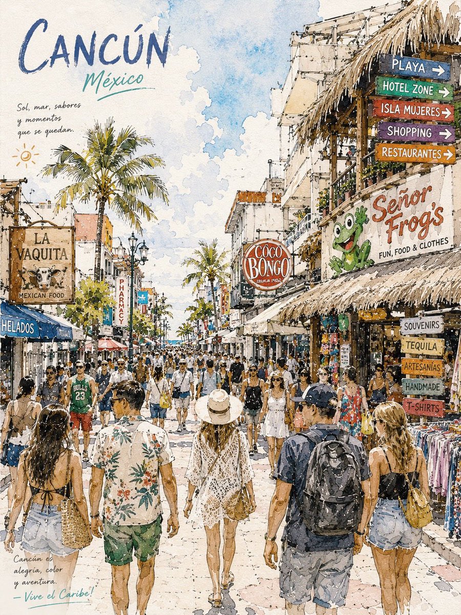 (城市名称)酒店区繁忙热带街景的水彩旅行海报插画，晴朗加勒比氛围，游客穿行于色彩缤纷的集市街道，道路两旁棕榈树成荫，茅草屋顶商铺，鲜艳手绘招牌，“ Señor Frog’s”、“Coco Bo...
