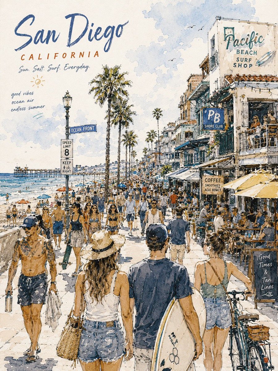 (城市名称)酒店区繁忙热带街景的水彩旅行海报插画，晴朗加勒比氛围，游客穿行于色彩缤纷的集市街道，道路两旁棕榈树成荫，茅草屋顶商铺，鲜艳手绘招牌，“ Señor Frog’s”、“Coco Bo...