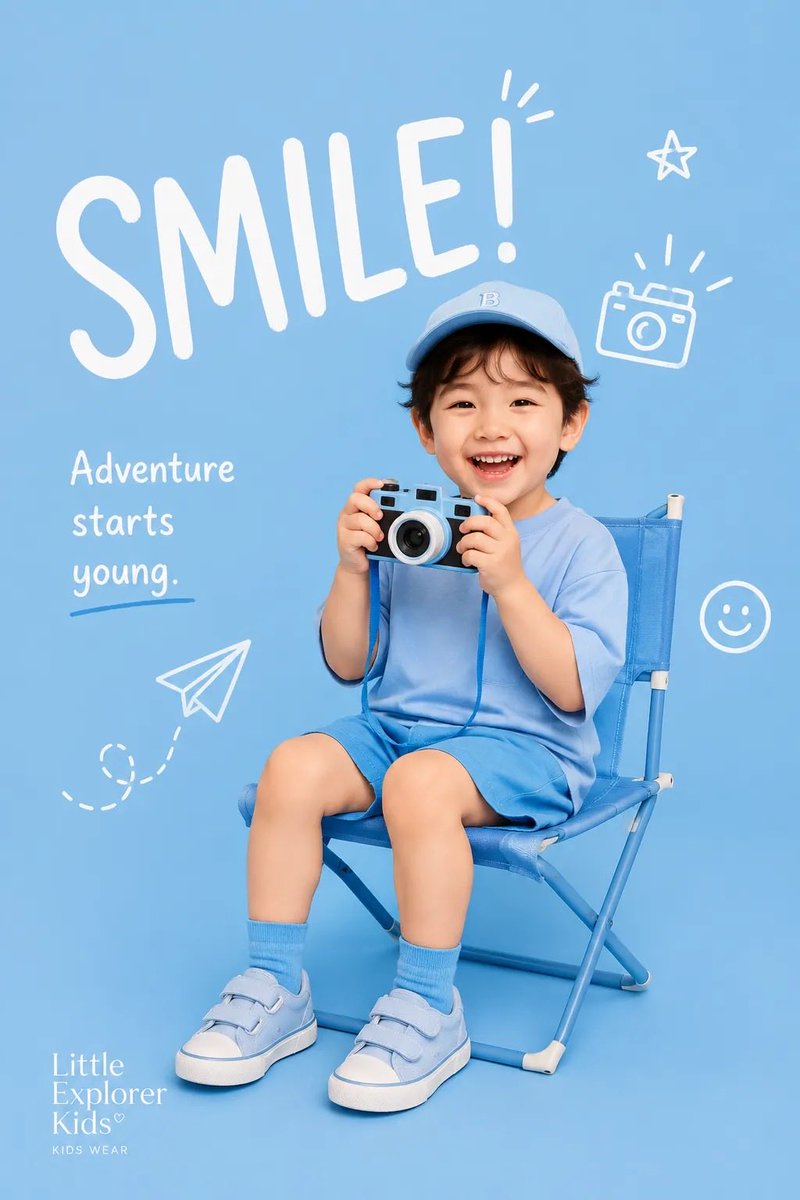 为 [BRAND NAME] 创作一张高端、俏皮的童装时尚编辑海报。 主题： [KIDS FASHION / CHILDHOOD CAMPAIGN]（童装时尚 / 童年主题活动） 风格与美术指...