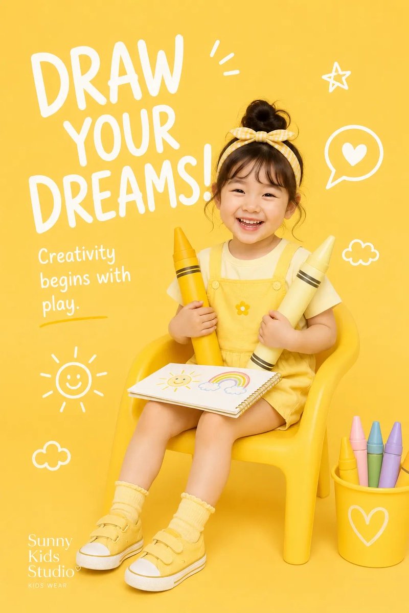 为 [BRAND NAME] 创作一张高端、俏皮的童装时尚编辑海报。 主题： [KIDS FASHION / CHILDHOOD CAMPAIGN]（童装时尚 / 童年主题活动） 风格与美术指...