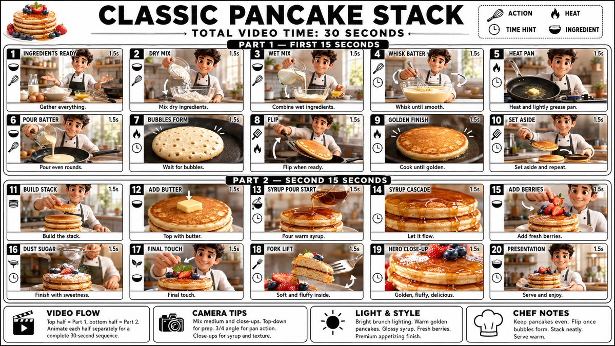 第 1 部分 — Seedance 2.0 提示 经典煎饼堆叠 — 前 15 秒 使用附加的 CLASSIC PANCAKE STACK（经典煎饼堆叠）故事板图像作为主要参考。 重要提示： 仅...