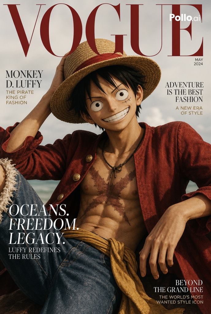 1)《Vogue》杂志封面。路飞目光锐利。 2)《Vogue》杂志封面。悟空变身超级赛亚人 @itsPolloAI #PolloAI #PolloAICPP https://t.co/WoEm...