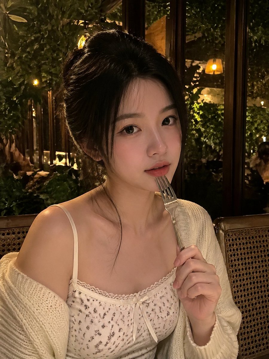 一张写实风格的弱光手机人像照片，主体是一位年轻成年女性，夜晚坐在一家温馨的咖啡馆或餐厅内。近景半身构图，画面比例约为 4:5 或接近正方形。相机举在胸口到脸部之间的高度，从近距离平视或略高于平...