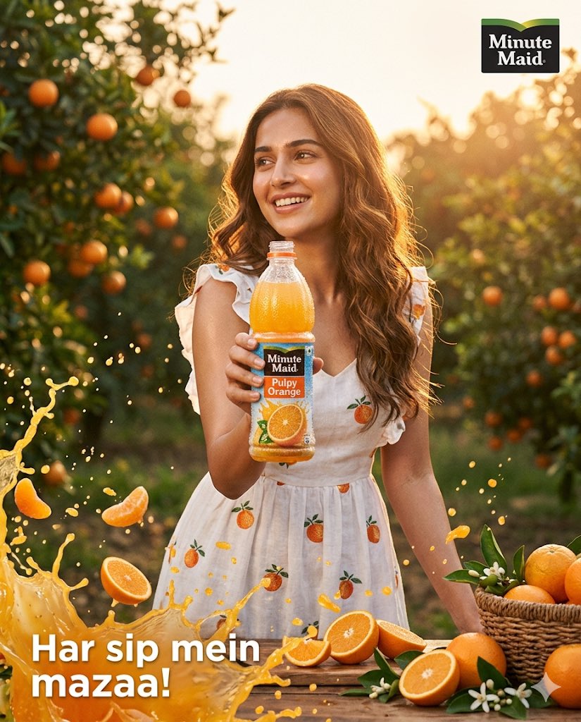 超写实高端商业广告，美汁源果粒橙（Minute Maid Pulpy Orange），竖版 4:5 比例，电影级饮品摄影，美丽的年轻女子拥有柔和发光的肌肤和顺滑飘逸的长发，在金色时刻的阳光下站...