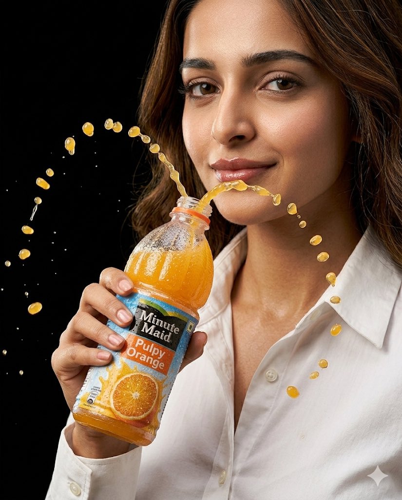 超写实高端商业广告，美汁源果粒橙（Minute Maid Pulpy Orange），竖版 4:5 比例，电影级饮品摄影，美丽的年轻女子拥有柔和发光的肌肤和顺滑飘逸的长发，在金色时刻的阳光下站...