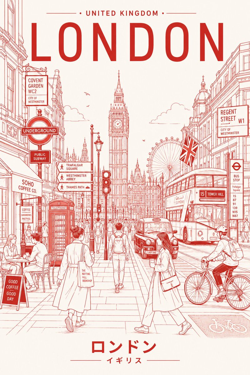 创作一张极简主义、超高分辨率的线条艺术风格东京旅游海报，将东京呈现为一个时尚的日常都市场景，而非明信片式的旅游景点。 主体构图： 中心构图展现东京最具代表性的日常街景——十字路口、巷弄、有轨电...