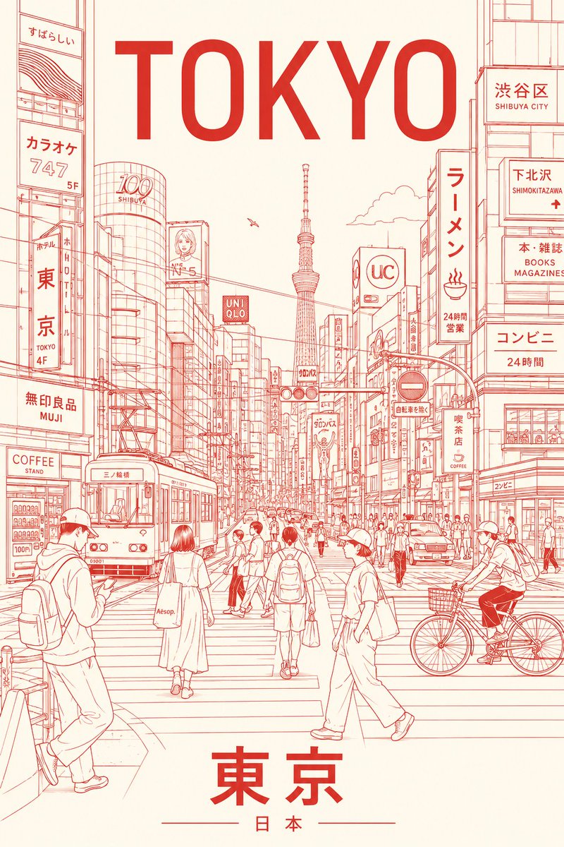 创作一张极简主义、超高分辨率的线条艺术风格东京旅游海报，将东京呈现为一个时尚的日常都市场景，而非明信片式的旅游景点。 主体构图： 中心构图展现东京最具代表性的日常街景——十字路口、巷弄、有轨电...