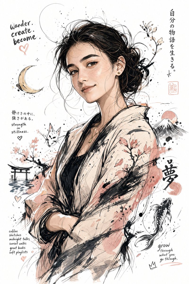 生成一幅你所想象中的“我”的插画。特征包括:日式插画风格、鲜明的角色特征、自然的情感表达、半身构图、富有动感的姿势、精致的服装细节、手绘涂鸦风格...