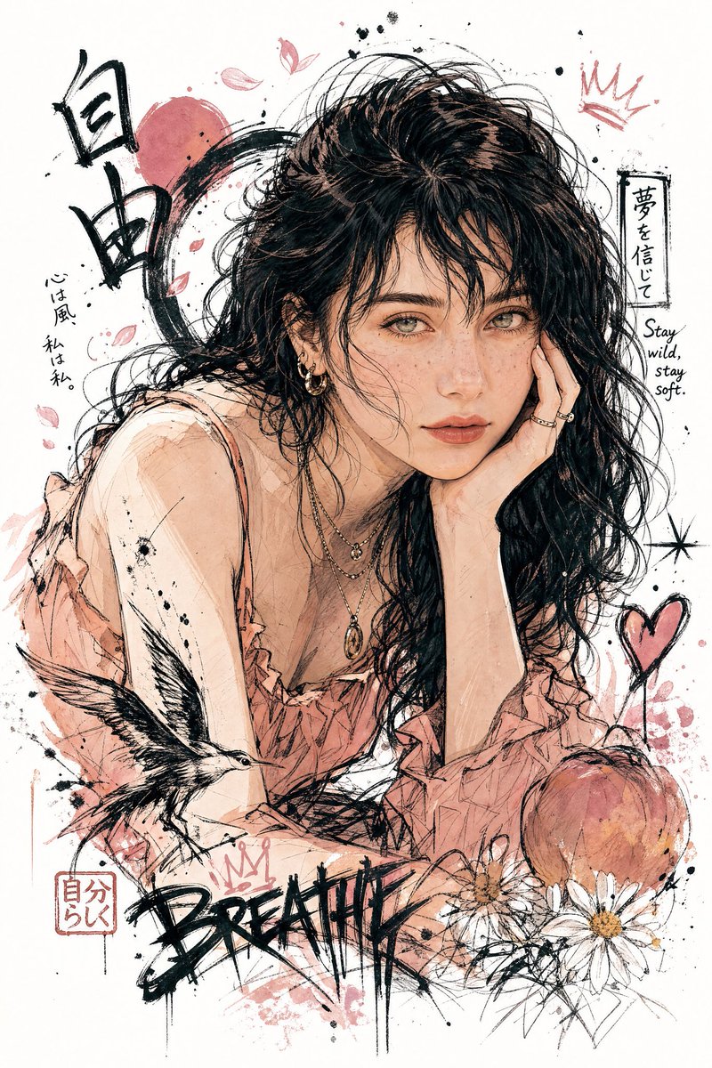 生成一幅你想象中"我"的插画。特征包括日式插画风格、鲜明的角色特征、自然的情感表达、半身构图、动态姿势、精致的服装细节、手绘涂鸦风格、墨水飞溅笔...